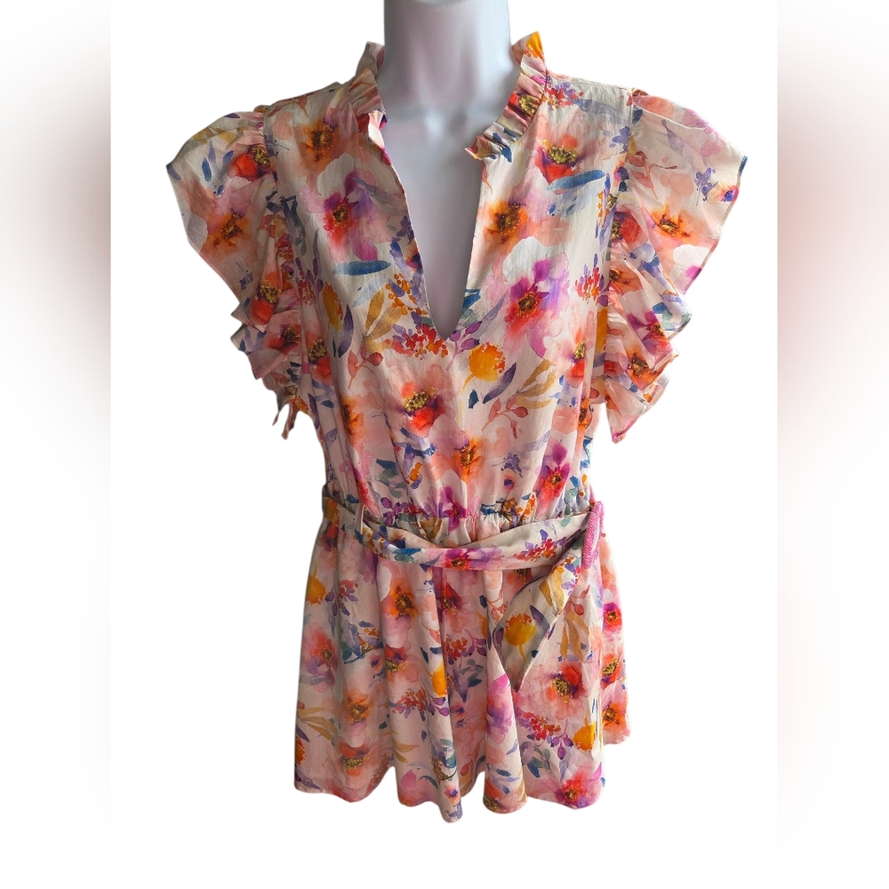 Lavender Brown White Colorful Print Shorts Romper Ruffle Size M